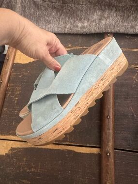 Sorel Light Blue Suede Cork Platform Slide Mules
